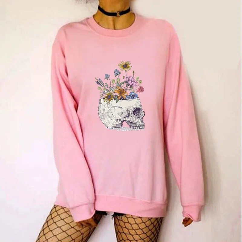 

Women Hoodie Skull Head Flower Printed Hoodies Women Fleece Long Sleeve O Neck Loose Sweatshirt Girls Pullovers Winter