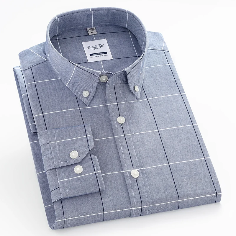 

Men's Casual Plaid Checkered Oxford Cotton Shirts Single Patch Pocket Long Sleeve Standard-fit Button-collar Gingham Shirt