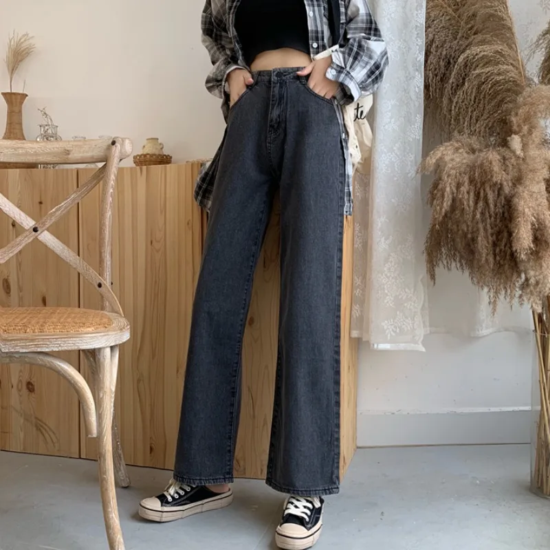 

2021 Spring New Black Gray Jeans Women's Straight Loose Draggle-Tail Trousers Student High Waist Retro Wide Leg Pants
