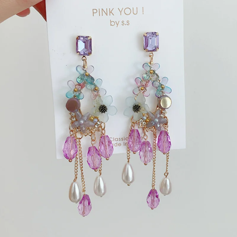 MWSONYA 2021 трендовые корейские красочные хрустальные цветы Висячие женские серьги 925 серебро игольчатые кисточки элегантные подарки для вечерние Ринок