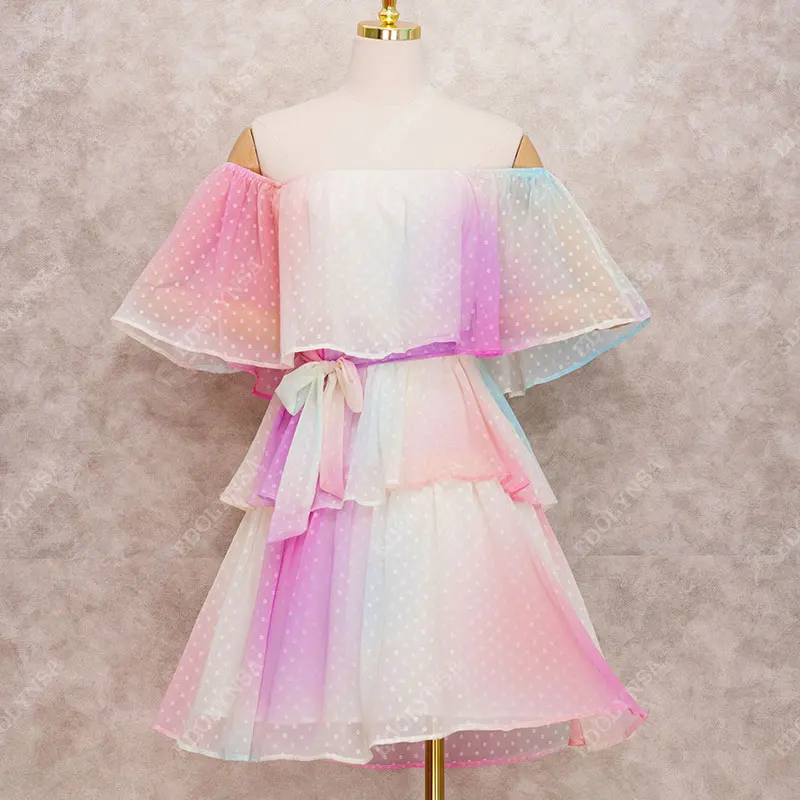 

High Quality Bohemian Rainbow Slash Neck High Waist Summer Mini Dress Chiffon Tunic Women Sexy Off the Shouder Party Dress A451