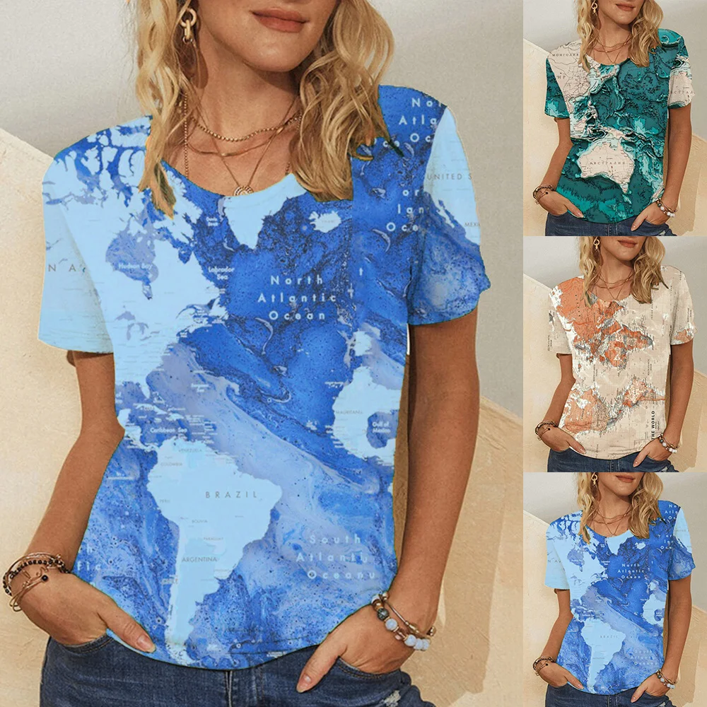 

3 Style Women Sea Map Printed Tshirt Round Neck Ladies Tee Shirt Tie Dye Printed Tops T-Shirt Summer Fashion Casual T-Shirt D30