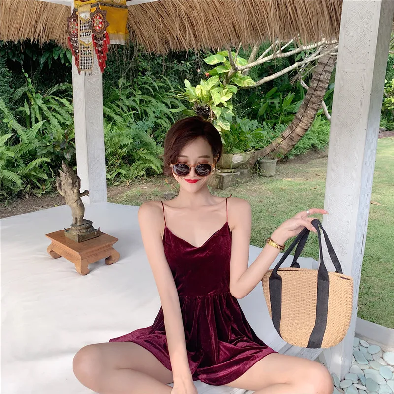 

beach style black a-line new summer v-neck Backless off shoulder spaghetti strap Women's Clothing Trend fashion brand Culottes