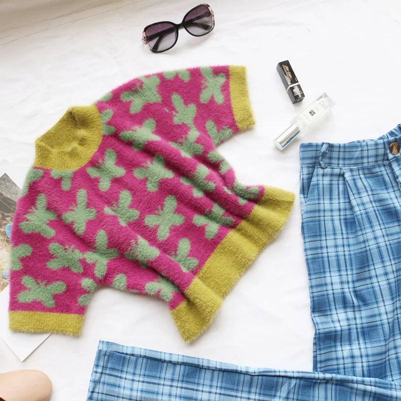 

Playful butterfly jacquard knitted top women European and American ins bloggers contrast color high waist slimming sweater short