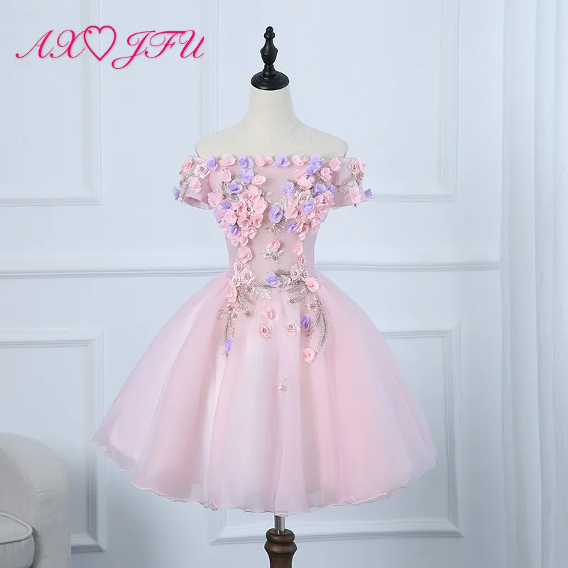 

AXJFU princess pink lace flower bride evening dress vintage boat neck short sleeve rose flower host short pink evening dress