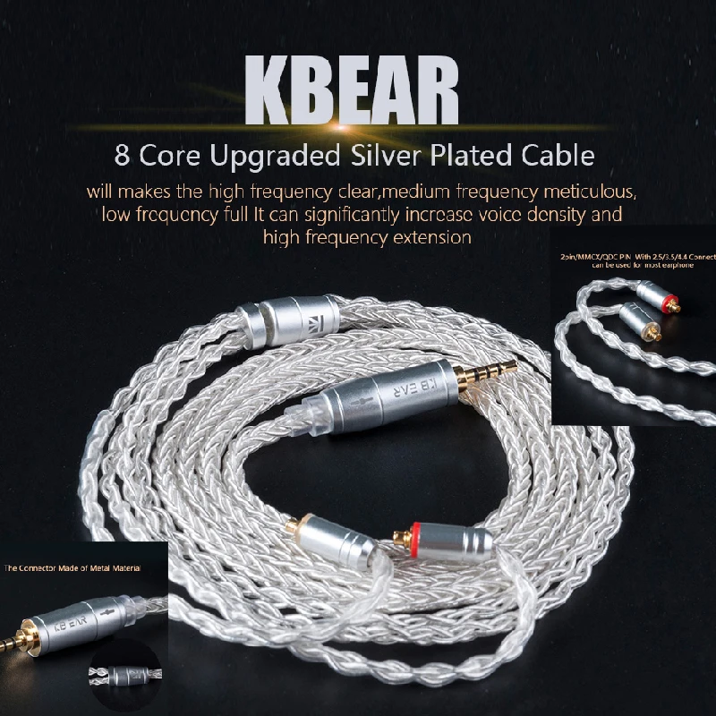 KBEAR 8 Core Модернизированный посеребренный сбалансированный кабель для ZS10 Pro AS10 AS16