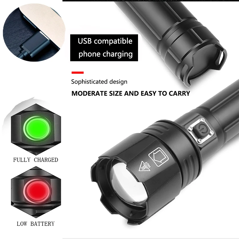 Новейший светодиодный фонарик XHP90.2 с перезаряжаемым аккумулятором 18650 USB