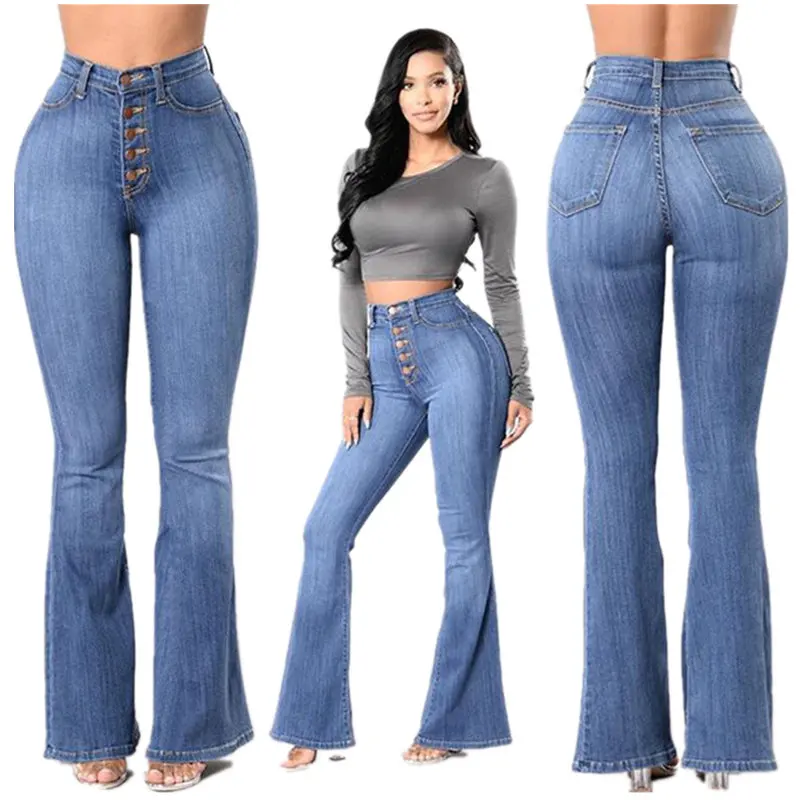 Factory Direct Hot Sale Women Jeans Female High-waisted Pants Washed Denim Sewing Button Wide-Leg |