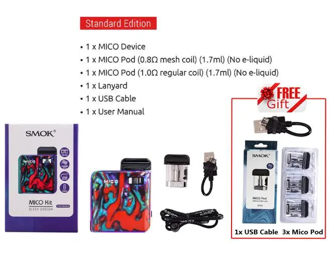 Распродажа! набор SMOK Mico, зажигалка, 700 мА/ч, батарея, электронная сигарета, анти-протекание, мини, электронная сигарета, ручка Pod, катушка VS NORD JC01 - Цвет: Rainbow 2 Gifts