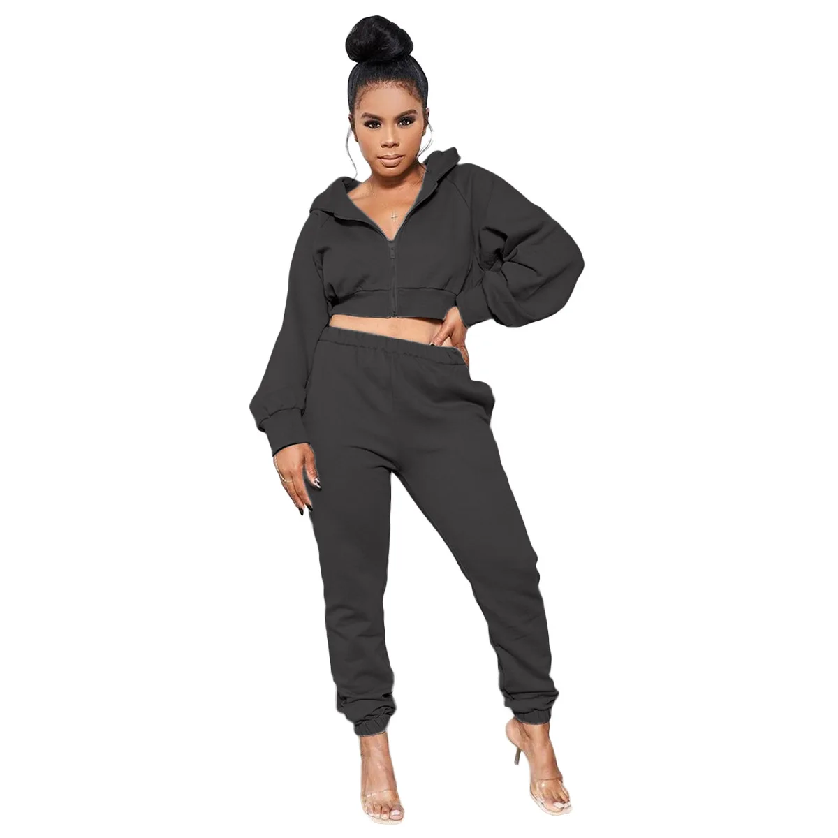 

HAOOHU Sportwear Women's short Set Zipper Hoodies Top Jogger Pant Set Tracksuit Fitness Two Piece Outfits Active Sweatsuit