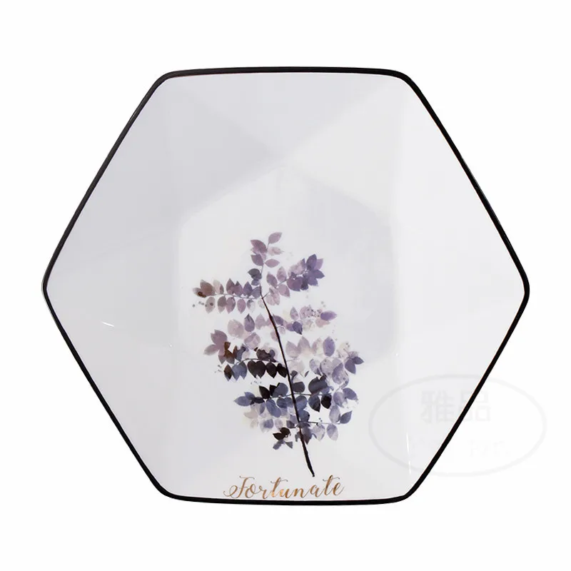 Керамическая обеденная тарелка в скандинавском стиле с шестигранными черными