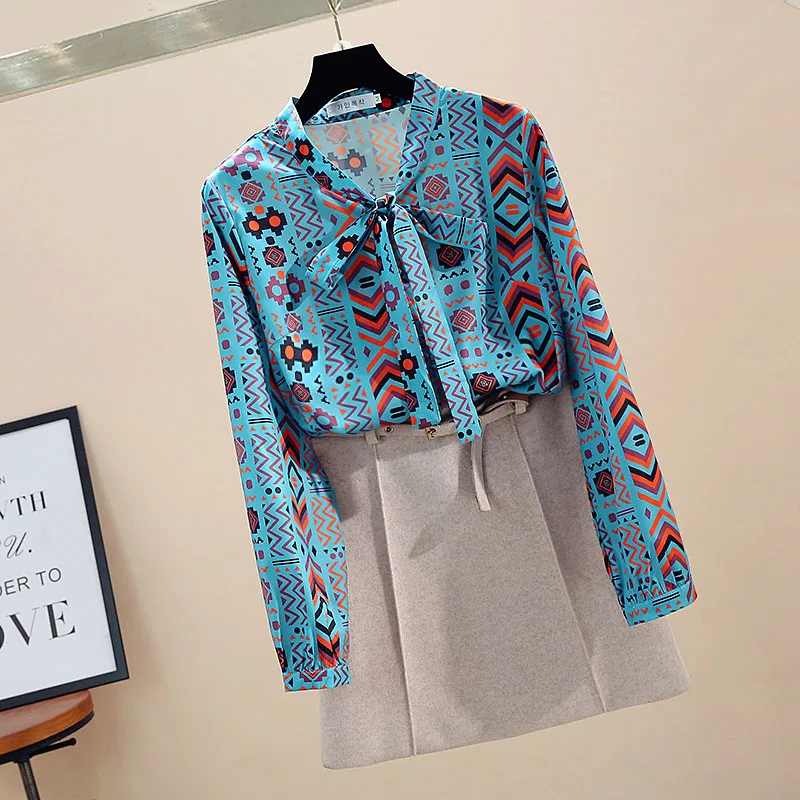 

Women's Spring Autumn Blouse New Geometric Pattern Print Bowknot Blouse Korean Style Slim Long Sleeve Female Tops HH547