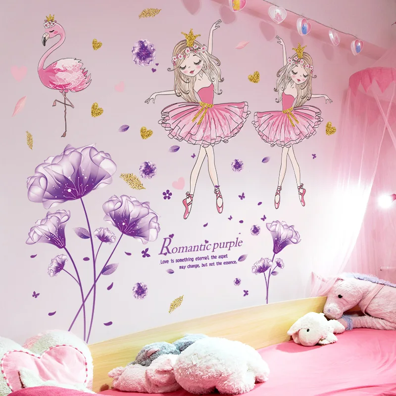 

Purple Flower Plant Wall Stickers DIY Girl Flamingo Wall Decals for Living Room Kids Bedroom Kitchen Home Decoration Accessories