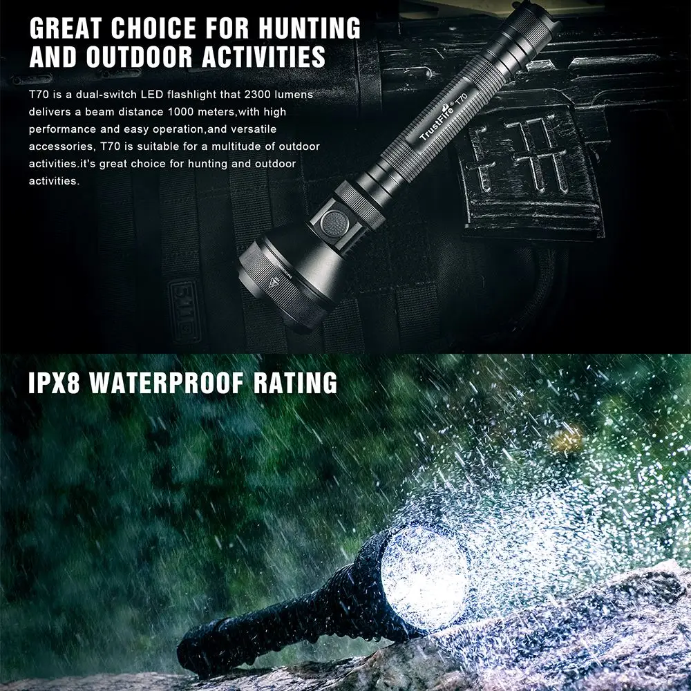 

Trustfire Black T70 Outdoor Hunting Flashlight Suits Powerful Rechargeable Light Outdoor Camping With 18650 Battery And Charger