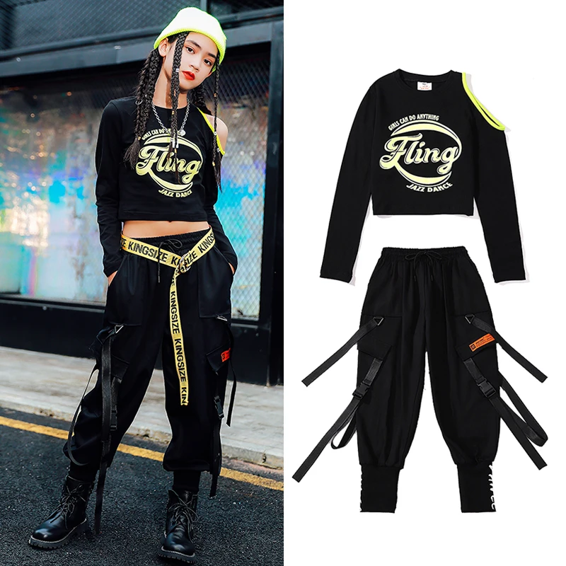 

Children Jazz Dance Clothes For Girls Hip Hop Costume Black Tops Pants Street Dance Overalls Modern Rave Stage Costume DNV14470