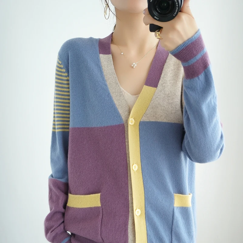 

Autumn Spring Women Cardigan Warm Knitted Sweater Jacket Pocket Patchwork Fashion Knit Cardigans Coat Lady Loose Plus Size Tops