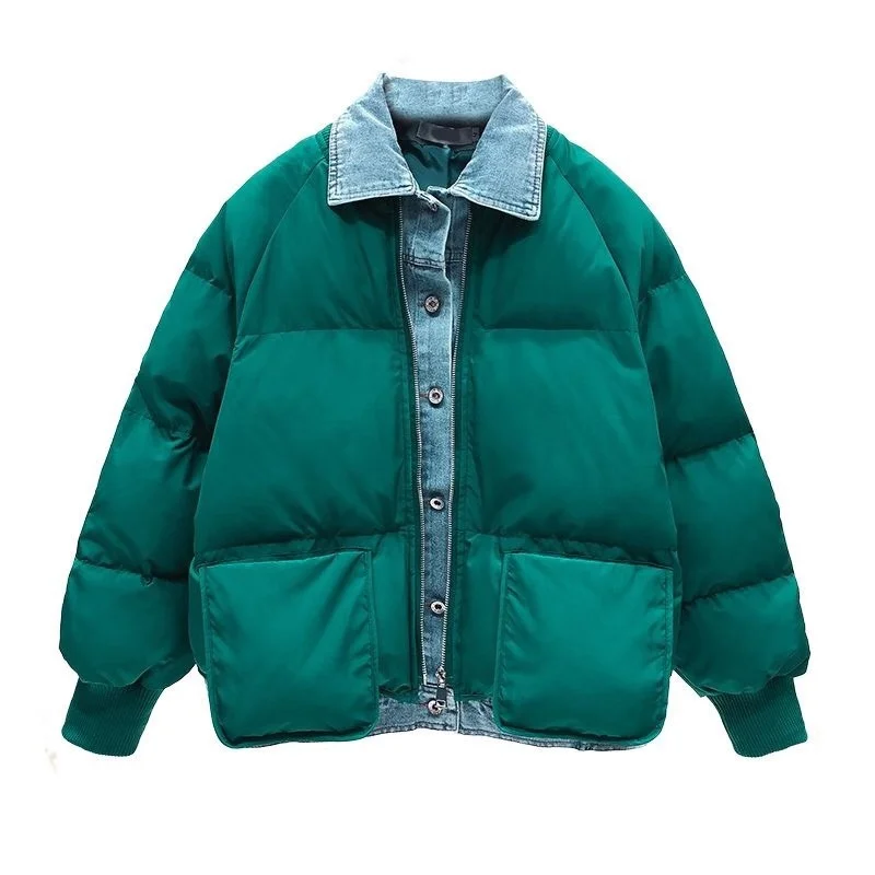 Korean Winter Fall Casual Womens Female Green Beige Black Denim Patchwork Padded Thick Coat Woman Fashion Parka Coats | Женская одежда