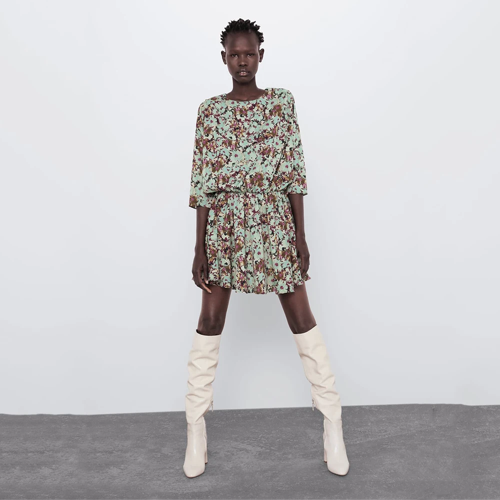 Женское платье с цветочным принтом ZA очаровательное драпированное круглым