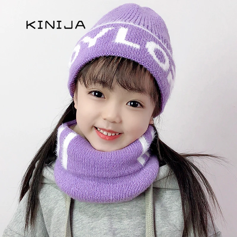 

Warm Beanies Hat For Girl Scarf Pompoms Winter Hats Knitted Caps Scarf 2 Pieces Fashion Windproof Warm cap Scarf Set For child