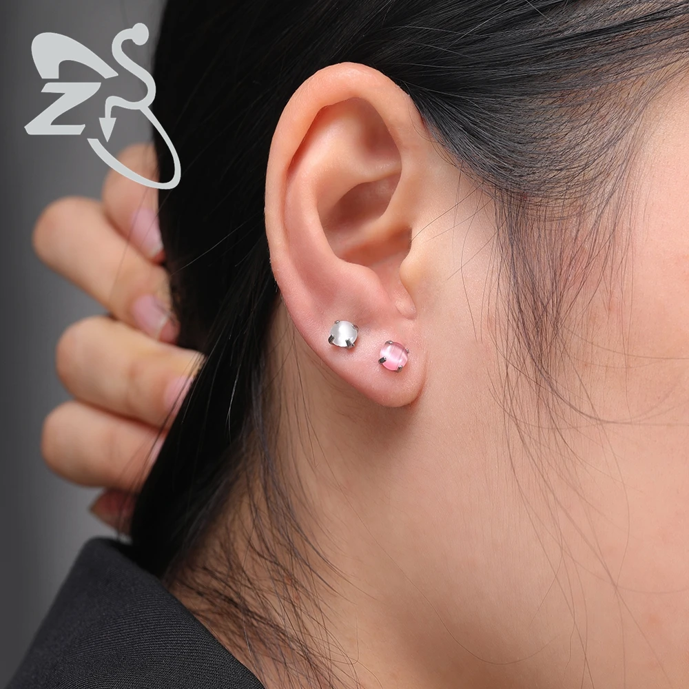Женские круглые серьги-гвоздики ZS из нержавеющей стали 316L с камнем в форме