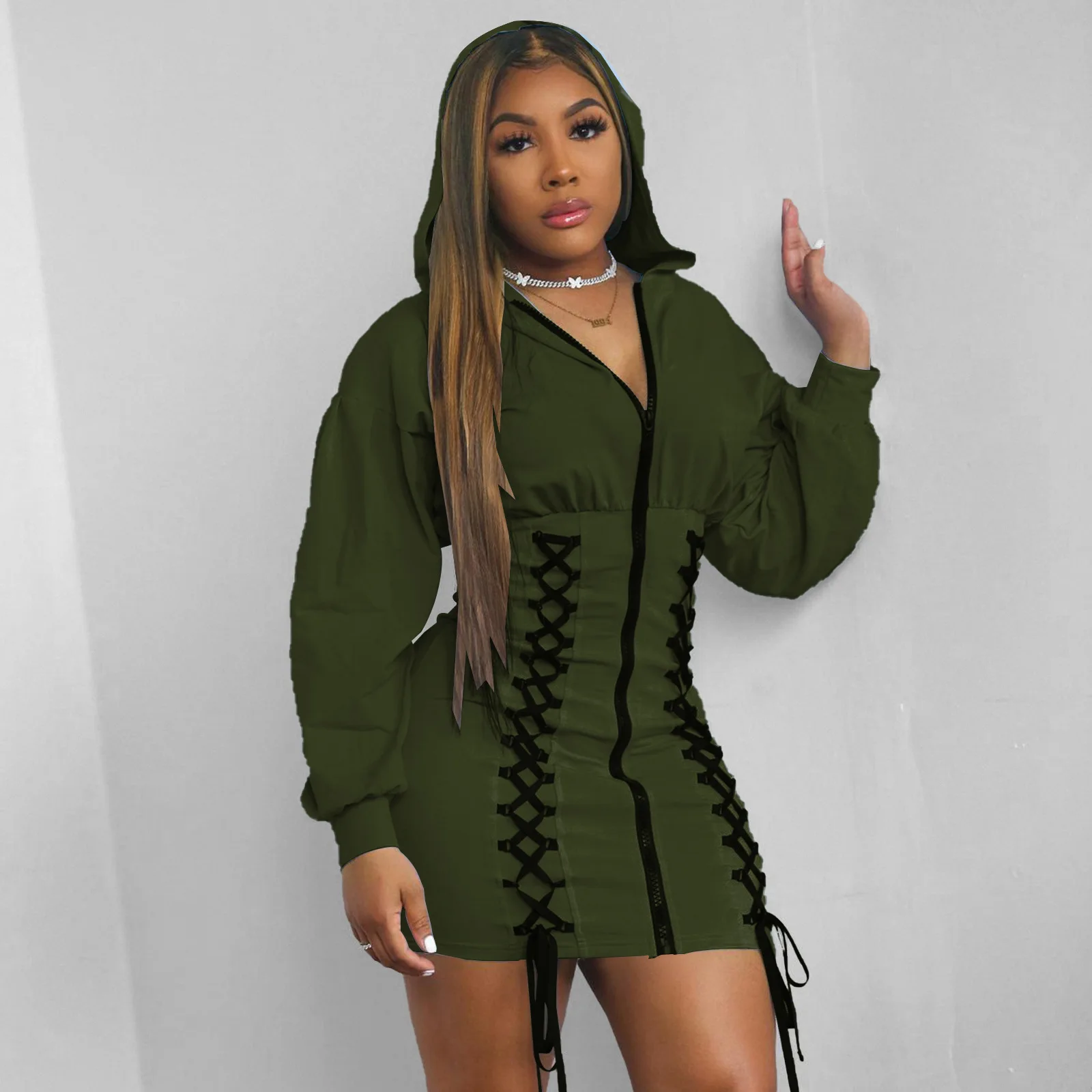 

European And American Fashion Women's Sexy Lace-up Decorative Hooded Long-sleeved Zipper Temperament Commuter Elegant DressWomen