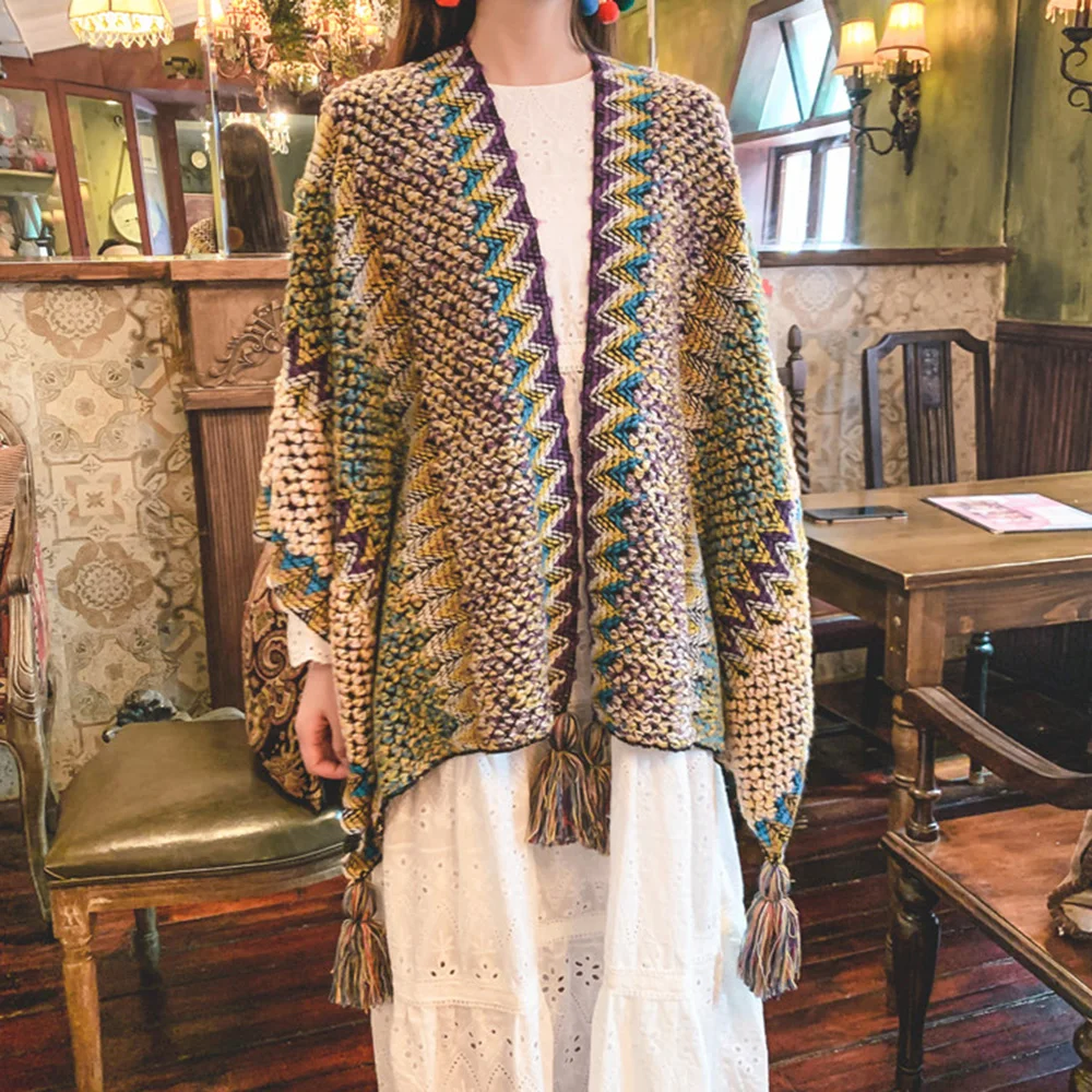 

Autumn Winter Thick Scarves Color Block Bohemian Retro Style Shawl Dual-purpose Cloak Knitted Warm Scarf Travel Cloak