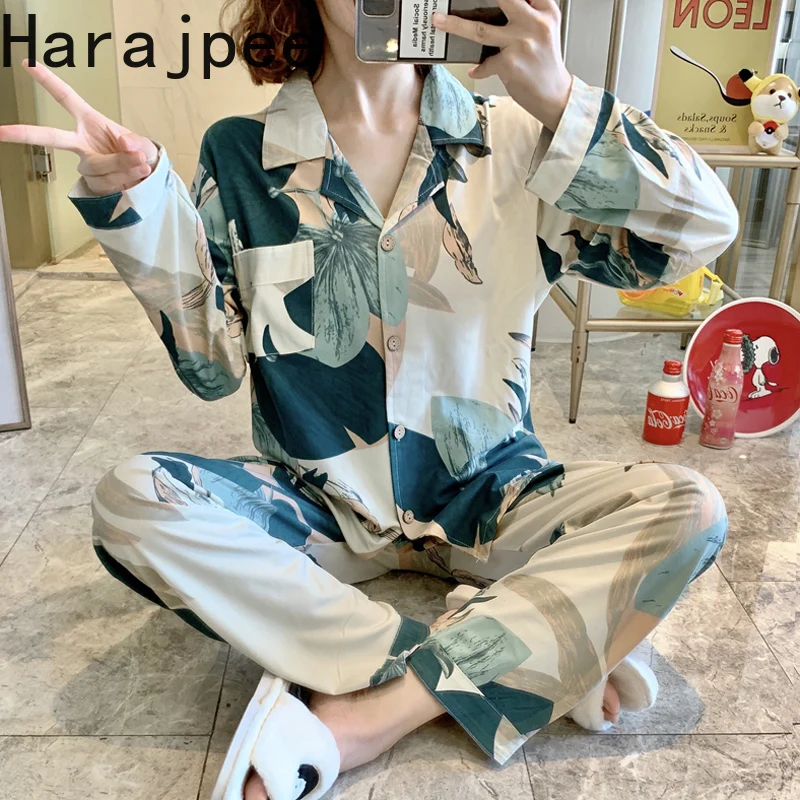 

Корейская пижама в стиле харадзпи, Женский весенне-осенне-зимний хлопковый кардиган с длинными рукавами, костюм в стиле Ins с листьями, свобо...