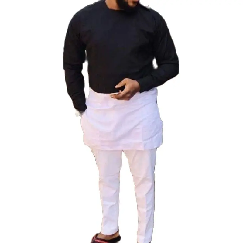 

Men's Patchwork Shirt Black Long Sleeve Tops+Solid White Trousers Custom Pant Suits African Outfits Party Wear