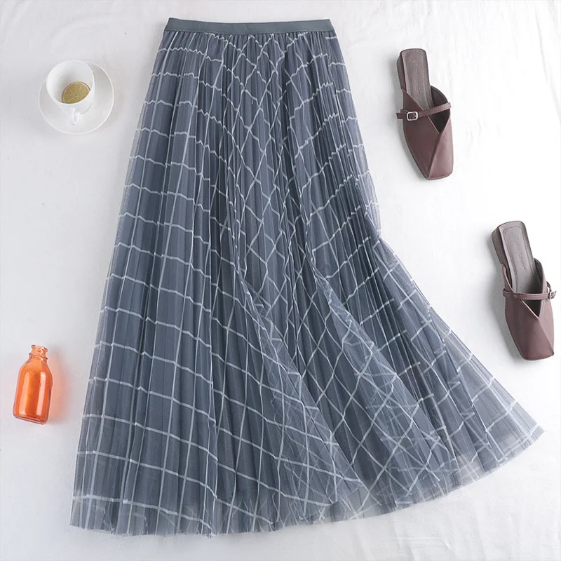 

Early Spring New Mesh Skirt Plaid Print Pleated Skirt Plaid Mid-length Gauze Skirt A-line Skirt