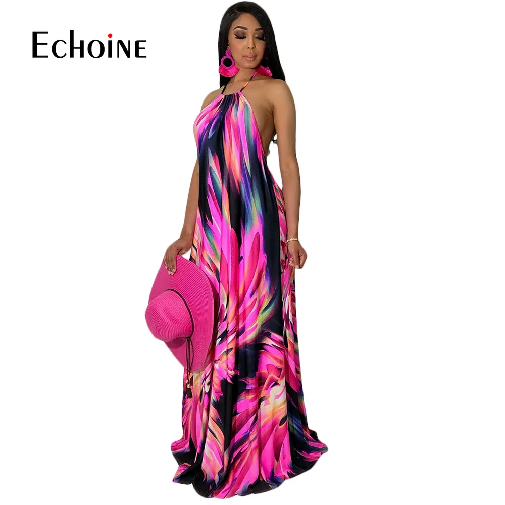 Платье-макси с цветочным принтом и лямкой на шее | Женская одежда