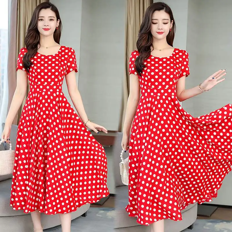 Женское богемное платье с коротким рукавом белое милое красное в горошек |