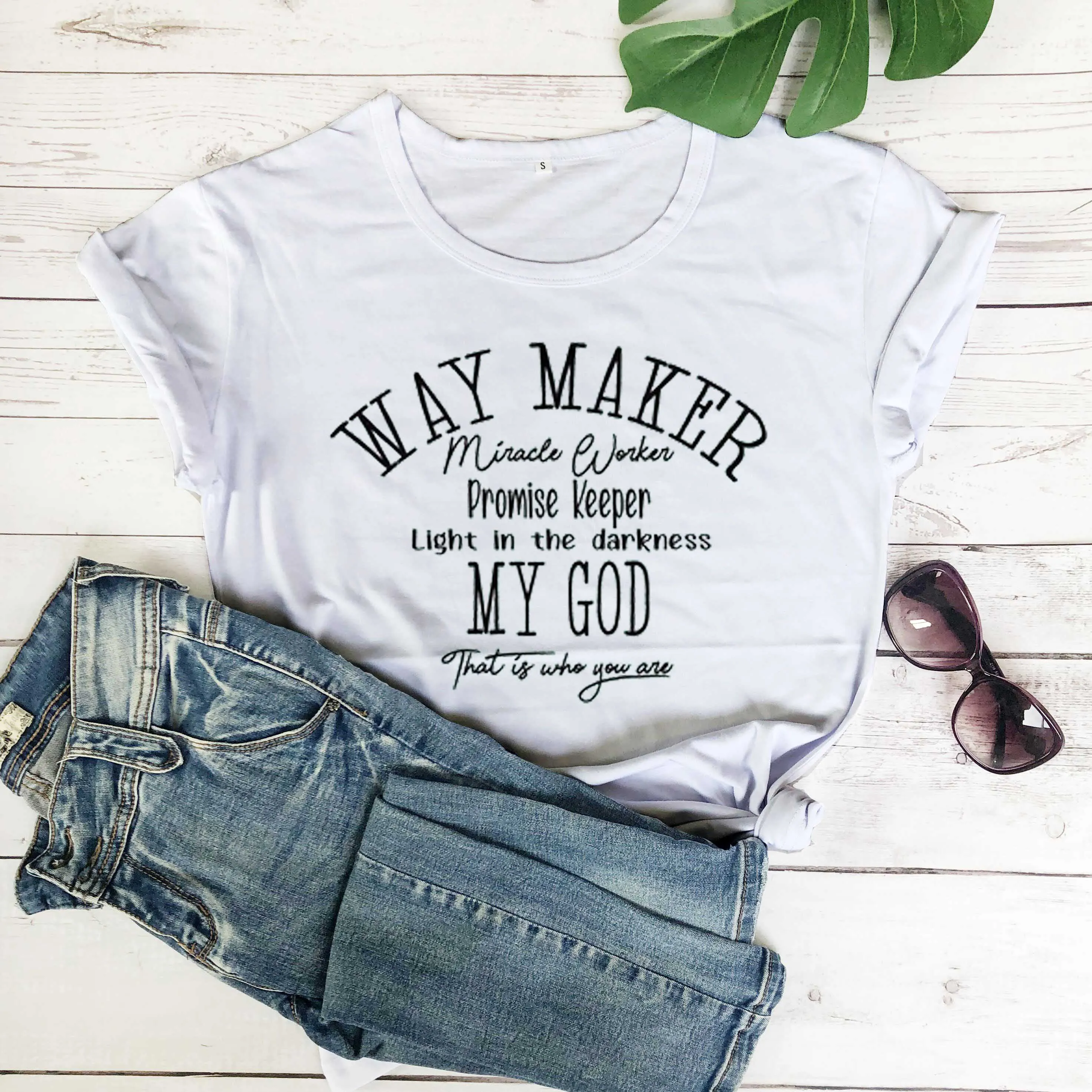 Women's Fashion Short Sleeve Way Maker Miracle Worker Letters Printed Christian T-shirt girl gift slogan fashion pure tees-M991