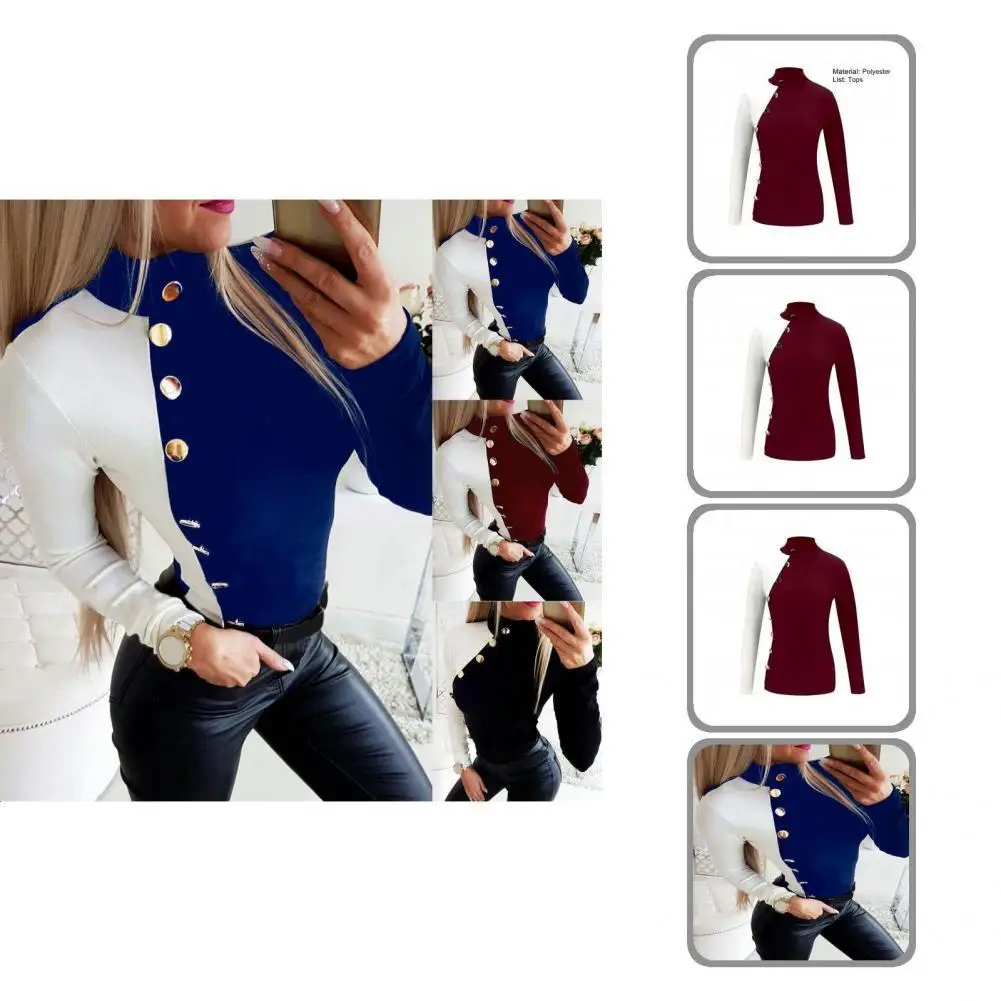 

Pullover Blouse Chic Turtleneck Buttons Decor Women Blouse Stretchy Soft Texture Bottoming Blouse