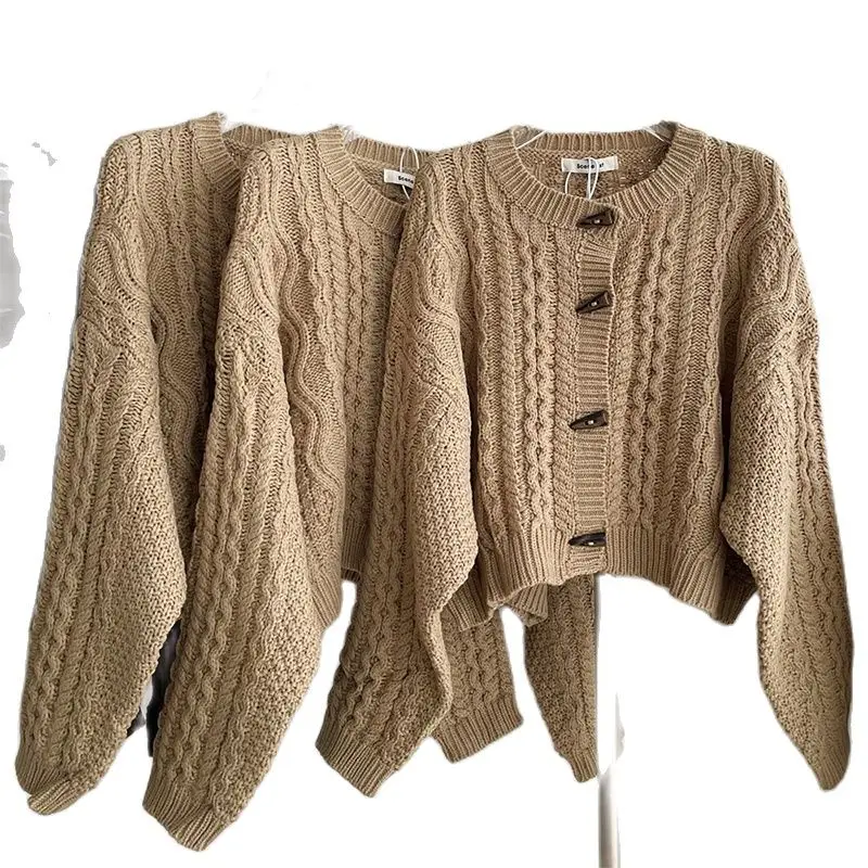 

Высококачественный короткий свитер на пуговицах, кардиган для женщин, 2021 зимний джемпер с длинными рукавами и круглым вырезом, вязаный женс...