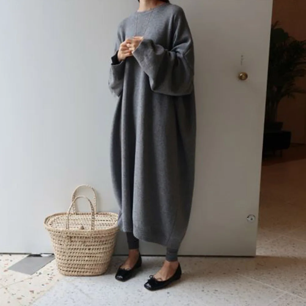 Женское трикотажное платье с круглым вырезом однотонное повседневное Свободное