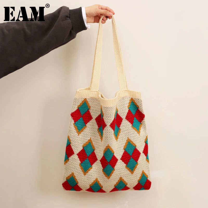 Женская трикотажная сумка [EAM] черная универсальная через плечо с контрастными