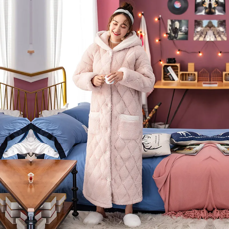 Pink Супер толстый женский хлопковый фланелевый зимний банный халат, Женский высококачественный теплый Халат с капюшоном, одежда для сна, длинное Неглиже - Цвет: Pink
