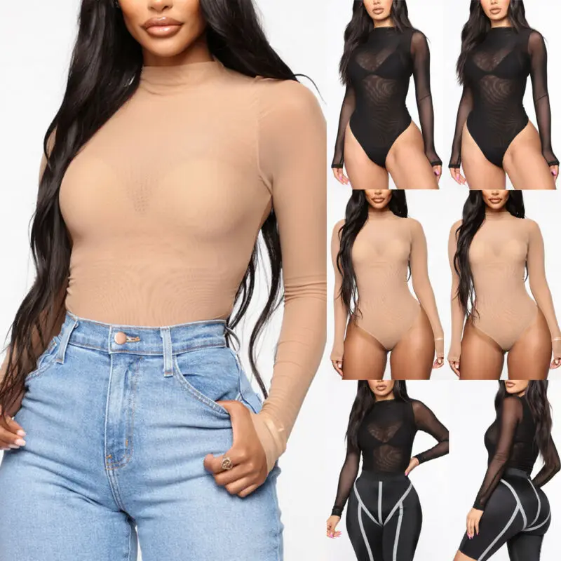 Женское прозрачное блестящее боди с высоким вырезом и длинным рукавом|Боди| |