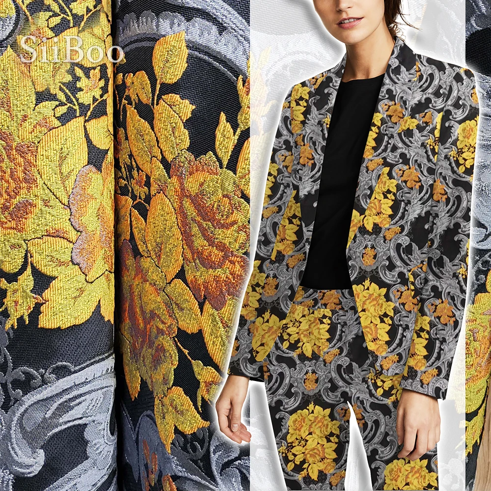 Роскошная жаккардовая ткань серого и желтого цвета с цветочным узором для платья