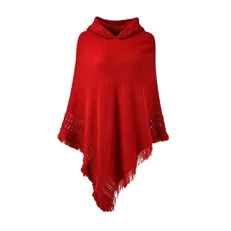 Women Winter Knitted Hooded Poncho Cape Solid Color Crochet Fringed Tassel Shawl Wrap Oversized Pullover Cloak Sweater
