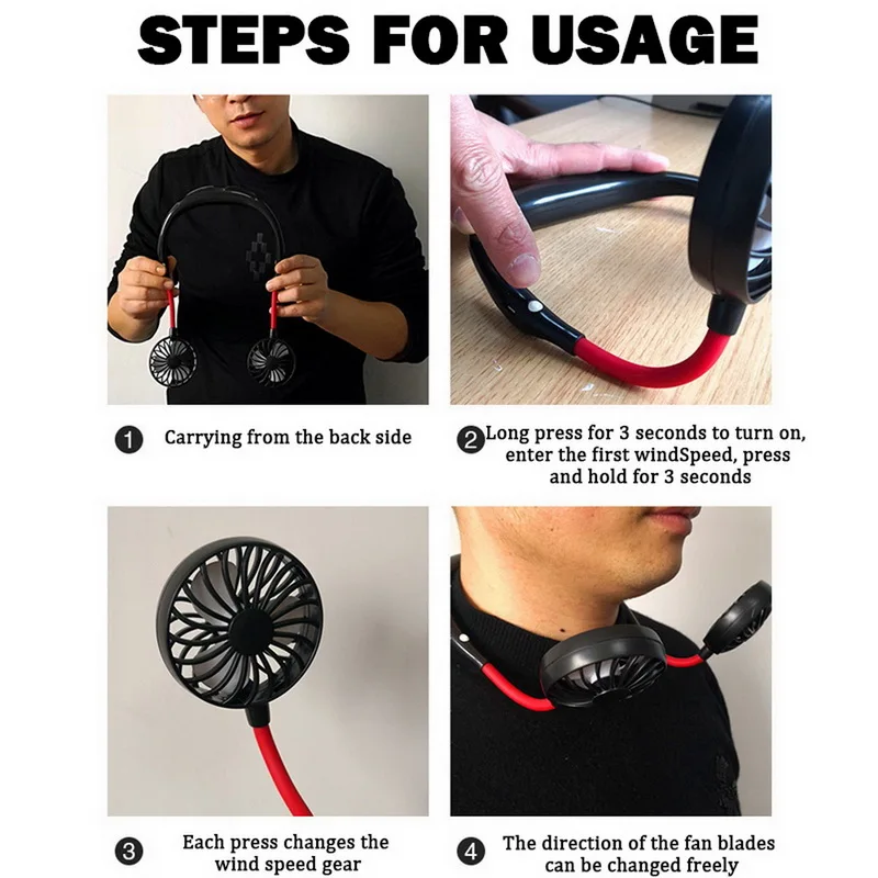 Портативный вентилятор с аккумулятором Перезаряжаемый USB двумя ветряными головками для путешествий и офиса