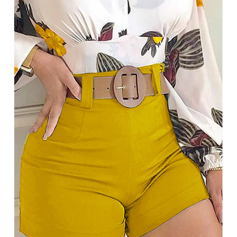 

Summer Fashion Office Lady Two Piece Short Sets Sexy V-Neck Floral Print Tops And Solid Slim Shorts Suit Women Elegant Outfits