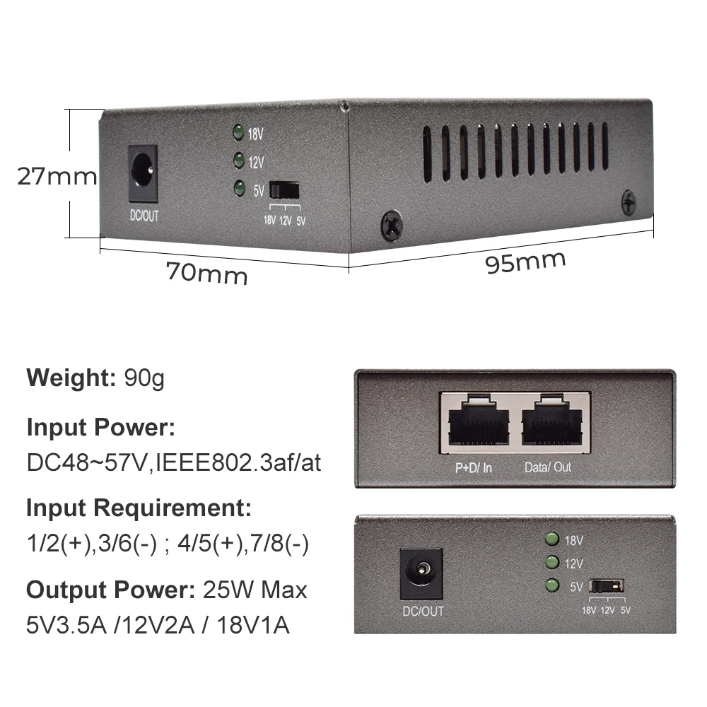 Разветвитель Poe 100/1000 Мбит/с, адаптер для передачи данных 802.3af/802.3at, разветвитель питания poe, выход для адаптера 5 В/12 В/18 в, адаптер для передачи ... от AliExpress RU&CIS NEW