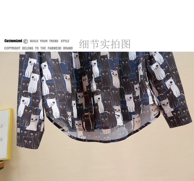 

cute cat print shirts for women Peter pan Collar button up shirts women 2021 New navy blue long sleeve shirt tops camisas mujer