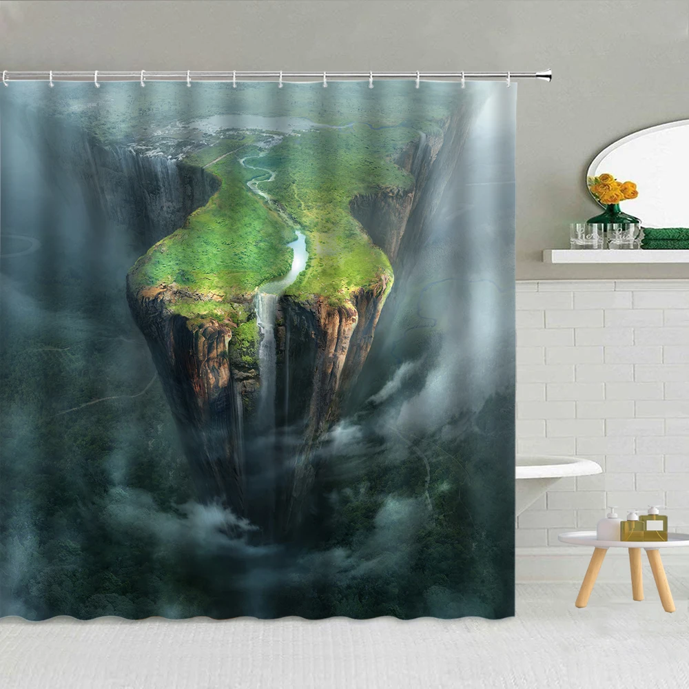 

Natural Scenery Bathroom Shower Curtain Forest Stone Arch Bridge River Spring Green Landscape Bath Decor Fabric Hooks Curtains