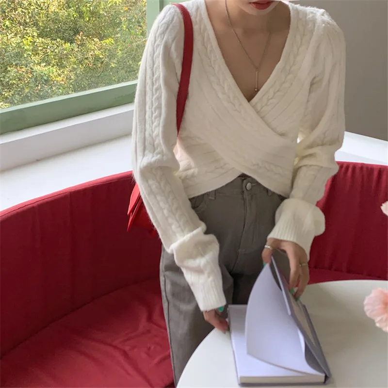 

HziriP 2021 New Autumn Winter Sweater Office Lady Work Pullover Solid Sexy V-Neck Long Sleeve Knitted Sweaters Women's Crop Tops