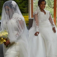 african long sleeve mermaid wedding dresses detachable train plus size lace beaded wedding gowns overskirt tulle vestido