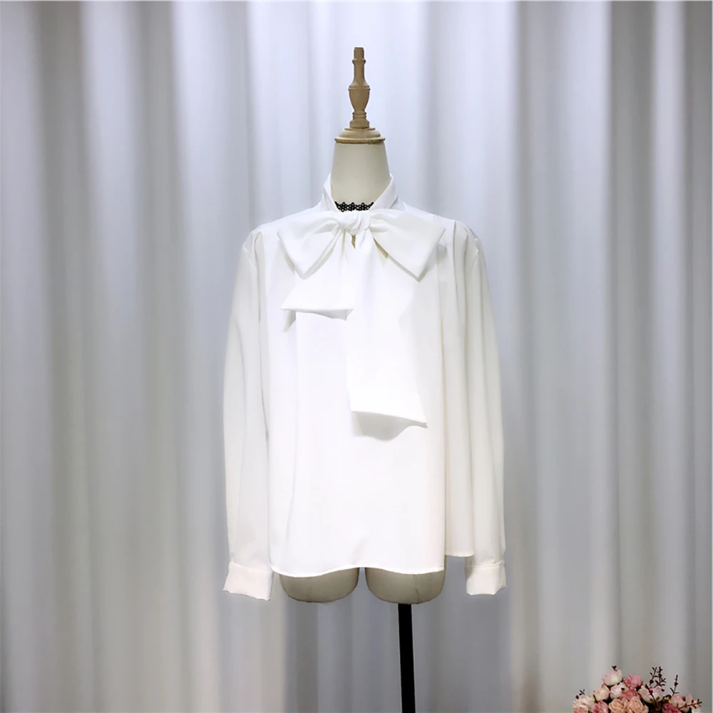 

Модные ботинки с бантом весенне-осенние шифоновые блузки черно-белый комплект одежды с длинными рукавами рубашки для женщин прямые Свободн...