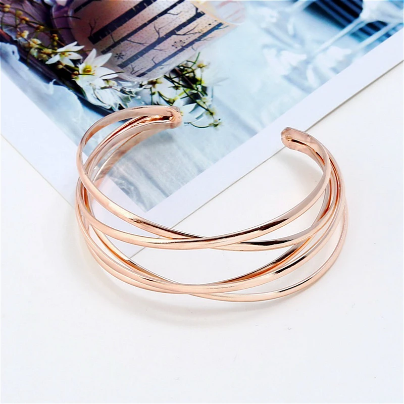 

Luxury Rose Gold Color Metal Multilayer Cuff Bracelet Bangles For Women Trendy Handmade Opening Bangle Party Jewelry Accessories