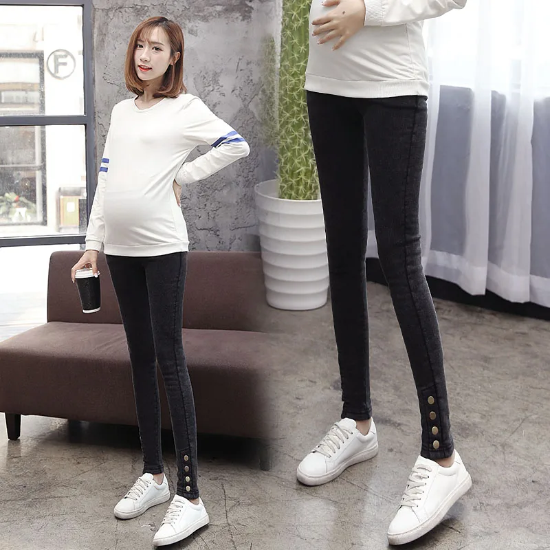 1717# Nailing Autumn Stretch Washed Denim Maternity Pants High Waist Adjustable Belly Pencil Pants for Pregnant Women Pregnancy
